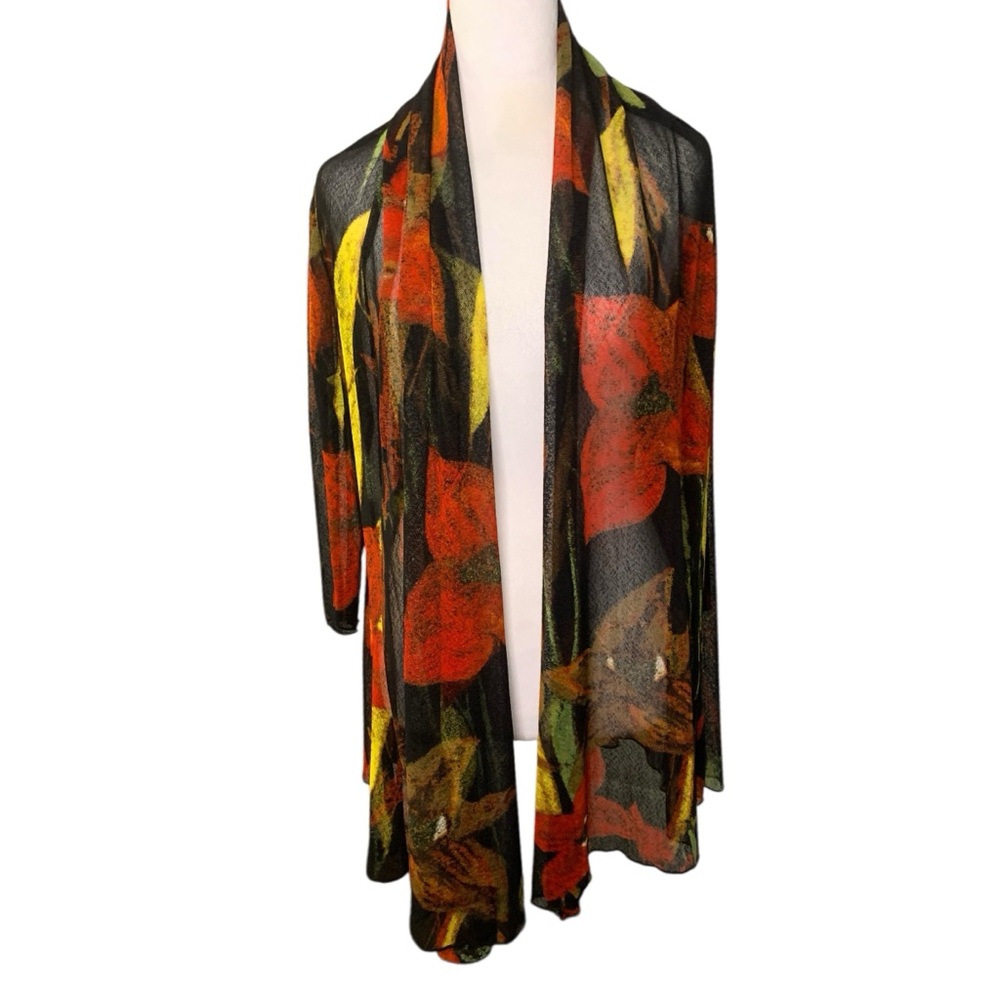 Ali Miles Sheer Mesh Floral Kimono Cardigan PL Open Front Colorful Art to Wear
